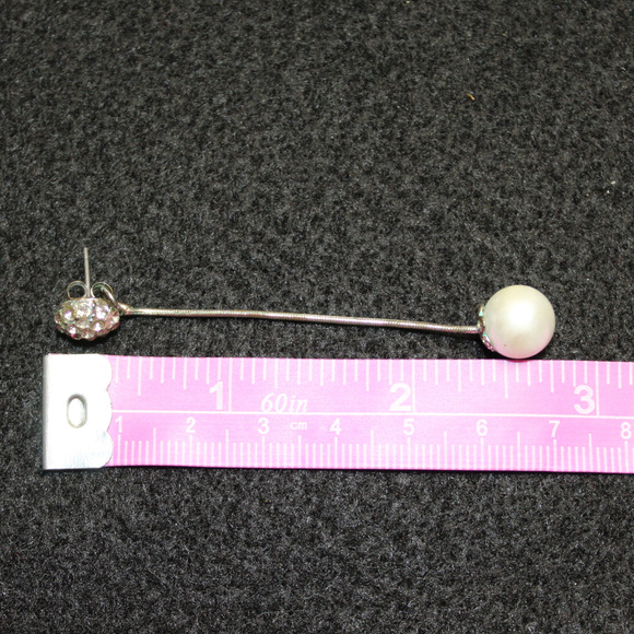 Vintage Pierced Earring Silver Tone Pave Rhinestones Simulated Pearl Dangle Drop - Picture 6 of 6